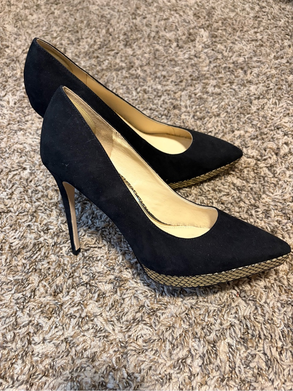 Jessica Simpson Black Suede Pointed Toe Pump with Gold Trim
